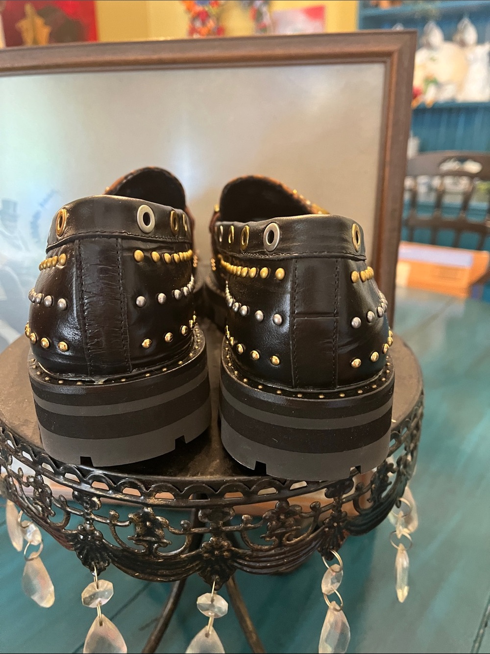 Kurt Geiger Brown Leopard Print Studded Loafers with Gold Accents - Picture 4 of 9
